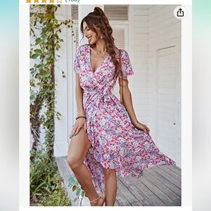 GRACEASY DRESS PINK  WHITE FLORAL PRINT FIT FLAIR WRAP SUMMER DRESS SIZE XL NET